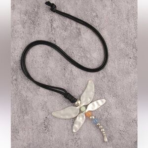 Black Cord Dragonfly Pendant Necklace with Mother-of-Pearl